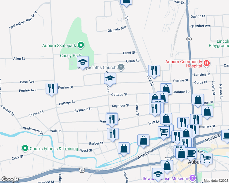 map of restaurants, bars, coffee shops, grocery stores, and more near 134 Washington Street in Auburn