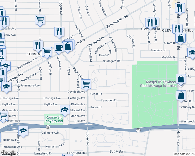 map of restaurants, bars, coffee shops, grocery stores, and more near 29 Kendale Road in Cheektowaga