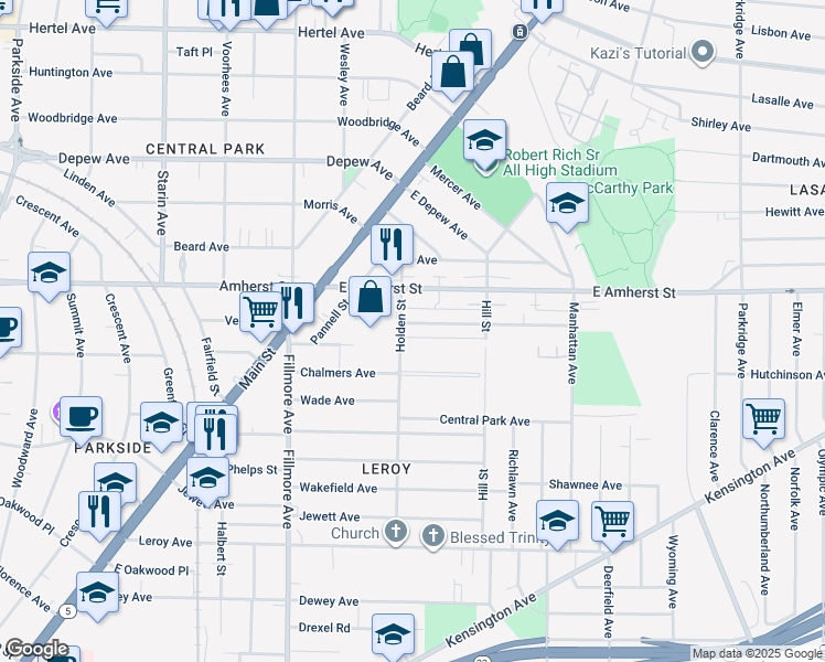 map of restaurants, bars, coffee shops, grocery stores, and more near 23 Bennett Village Terrace in Buffalo