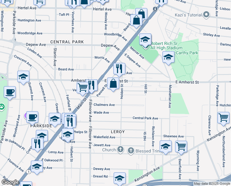 map of restaurants, bars, coffee shops, grocery stores, and more near 212 Holden Street in Buffalo