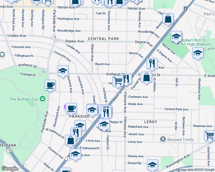 map of restaurants, bars, coffee shops, grocery stores, and more near 60 Vernon Place in Buffalo