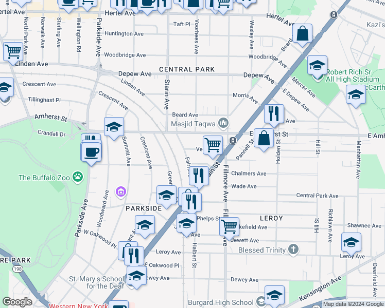map of restaurants, bars, coffee shops, grocery stores, and more near 60 Vernon Place in Buffalo