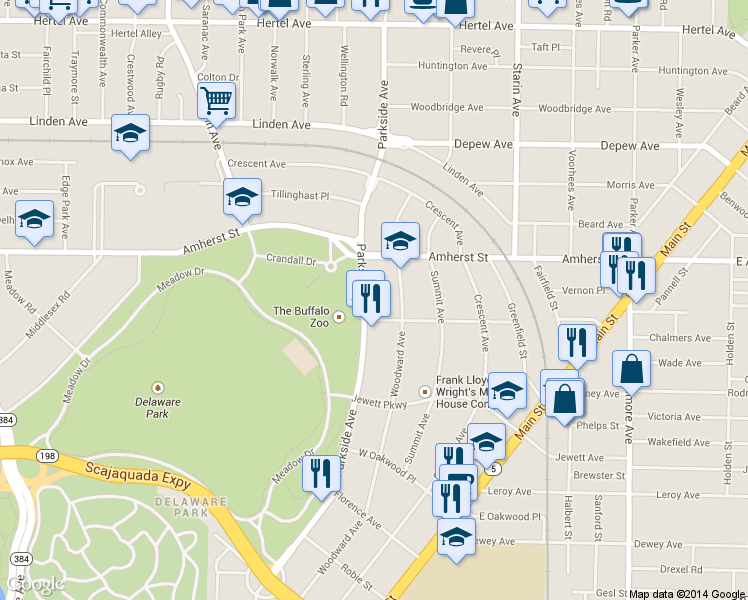 map of restaurants, bars, coffee shops, grocery stores, and more near 329 Parkside Avenue in Buffalo