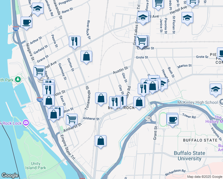 map of restaurants, bars, coffee shops, grocery stores, and more near 267 Austin Street in Buffalo