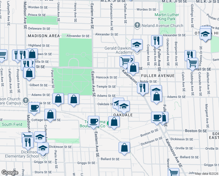 map of restaurants, bars, coffee shops, grocery stores, and more near 900 Temple Street Southeast in Grand Rapids