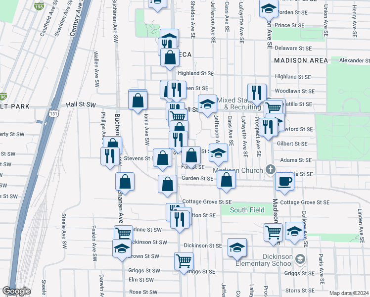 map of restaurants, bars, coffee shops, grocery stores, and more near 17 La Belle Street Southeast in Grand Rapids