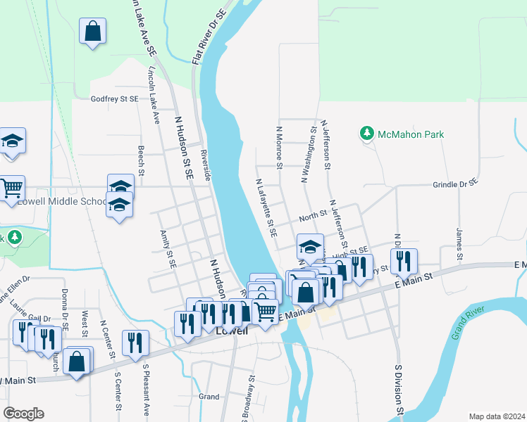map of restaurants, bars, coffee shops, grocery stores, and more near 528 North Lafayette Street Southeast in Lowell
