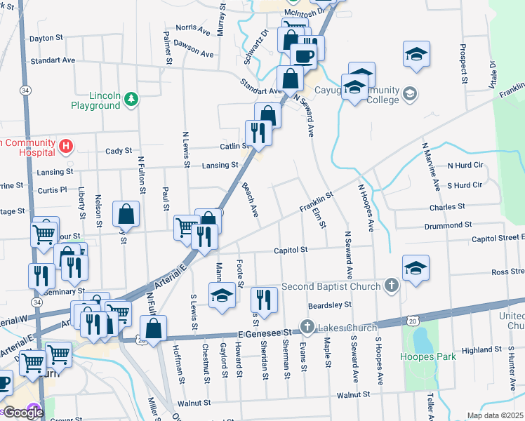 map of restaurants, bars, coffee shops, grocery stores, and more near 6 Beach Ave in Auburn