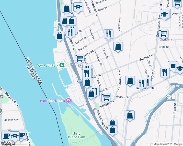 map of restaurants, bars, coffee shops, grocery stores, and more near 361 Dearborn Street in Buffalo