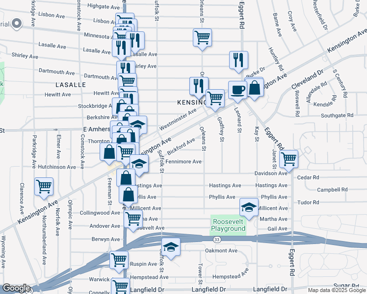 map of restaurants, bars, coffee shops, grocery stores, and more near 14 Alice Avenue in Buffalo