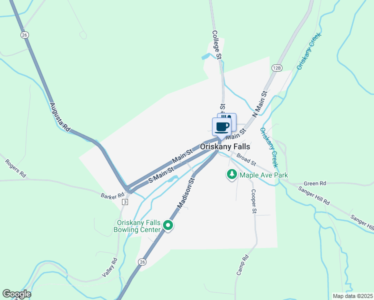 map of restaurants, bars, coffee shops, grocery stores, and more near 225 Main Street in Oriskany Falls