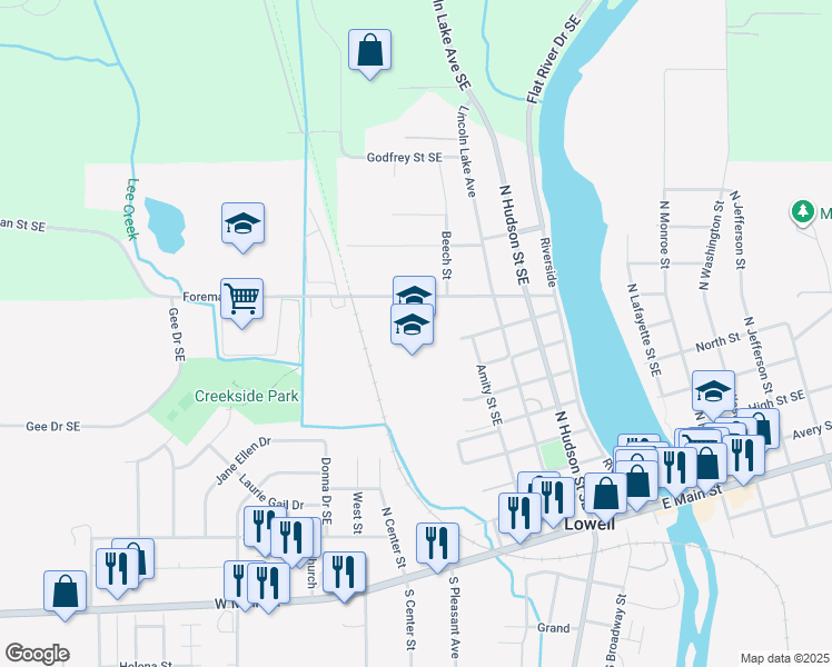 map of restaurants, bars, coffee shops, grocery stores, and more near 750 Foreman Street Southeast in Lowell