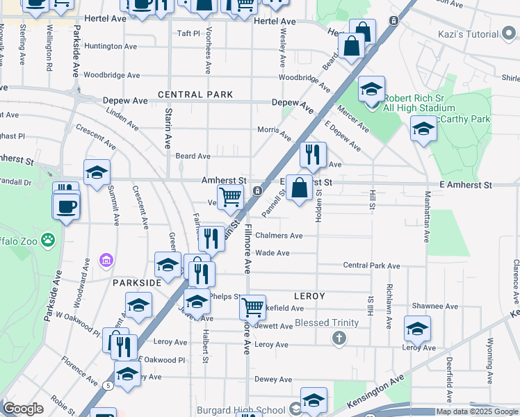 map of restaurants, bars, coffee shops, grocery stores, and more near 2637 Main Street in Buffalo
