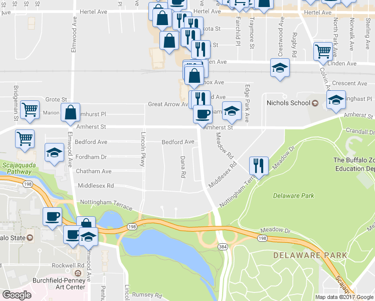 map of restaurants, bars, coffee shops, grocery stores, and more near 89 Dana Road in Buffalo