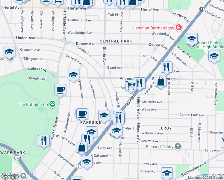 map of restaurants, bars, coffee shops, grocery stores, and more near 82 Fairfield Street in Buffalo