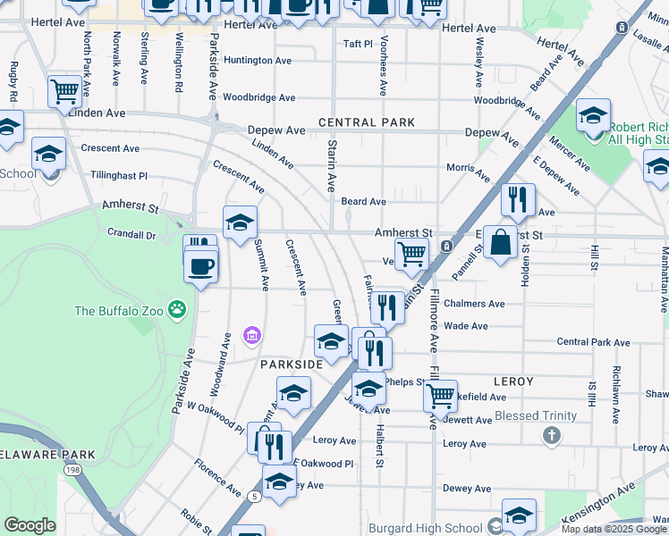map of restaurants, bars, coffee shops, grocery stores, and more near 131 Greenfield Street in Buffalo
