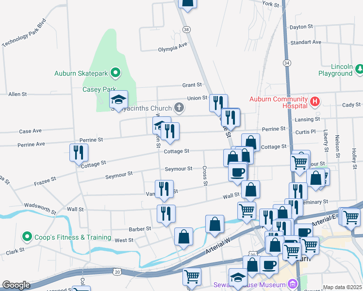 map of restaurants, bars, coffee shops, grocery stores, and more near 105 Cottage St in Auburn