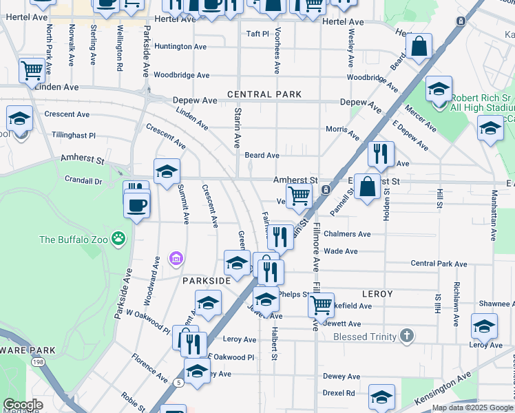 map of restaurants, bars, coffee shops, grocery stores, and more near 82 Fairfield Street in Buffalo