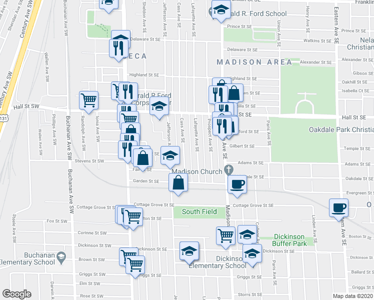 map of restaurants, bars, coffee shops, grocery stores, and more near 1310 Cass Avenue Southeast in Grand Rapids
