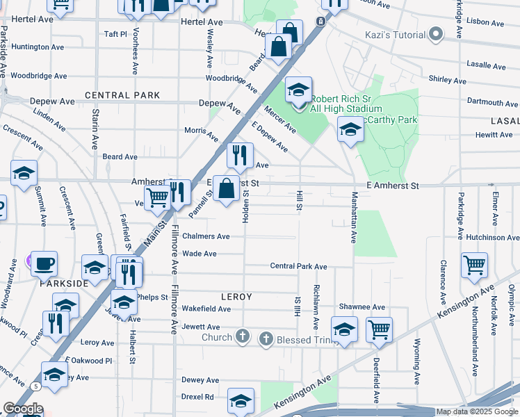 map of restaurants, bars, coffee shops, grocery stores, and more near 23 Bennett Village Terrace in Buffalo