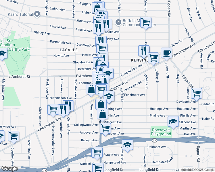 map of restaurants, bars, coffee shops, grocery stores, and more near 21 Westminster Avenue in Buffalo