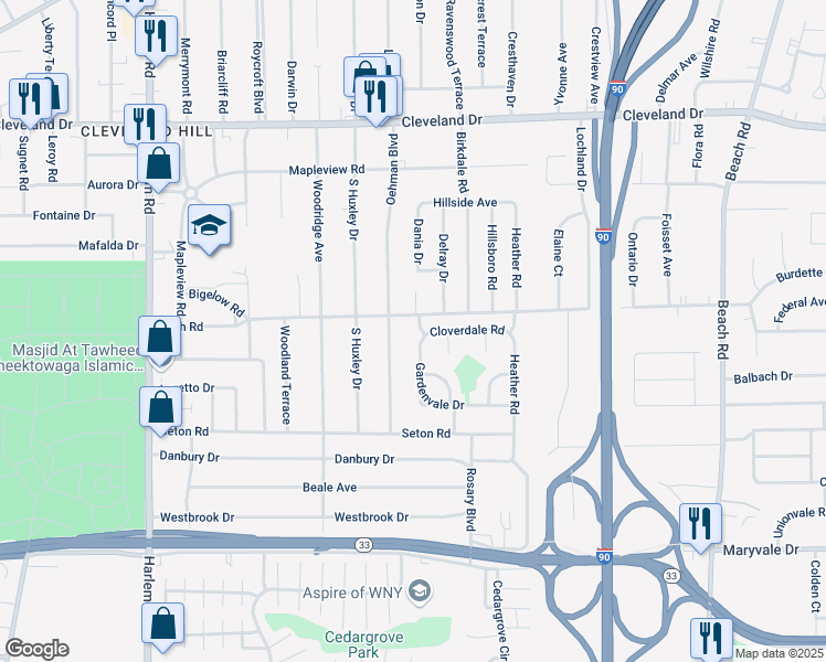 map of restaurants, bars, coffee shops, grocery stores, and more near 183 Gardenvale Drive in Buffalo