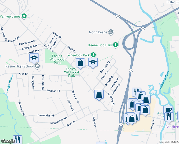 map of restaurants, bars, coffee shops, grocery stores, and more near 79 Park Avenue in Keene