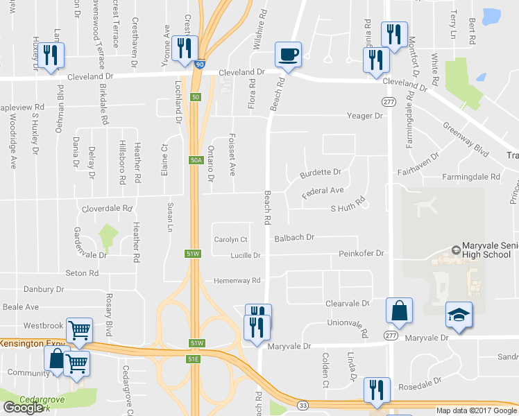 map of restaurants, bars, coffee shops, grocery stores, and more near 668 Beach Road in Buffalo