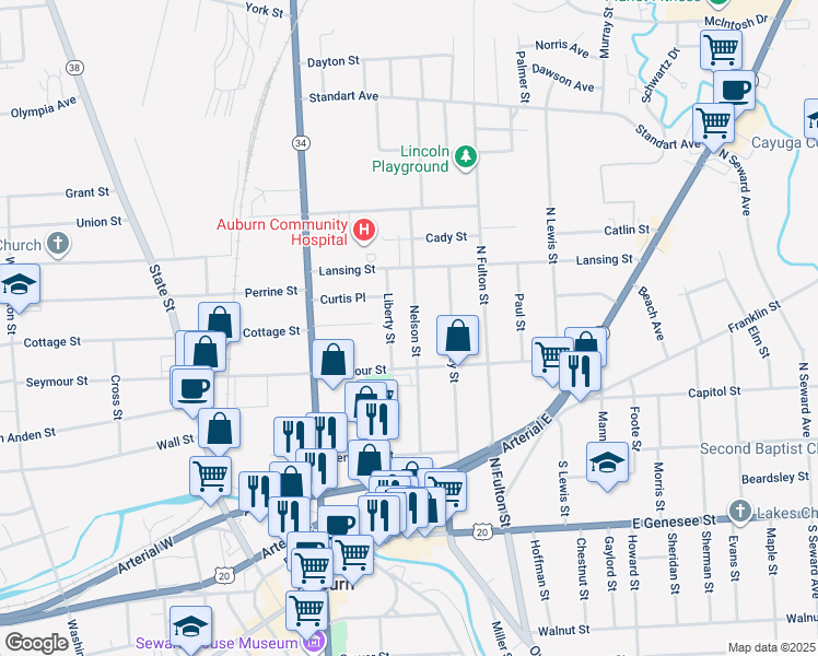 map of restaurants, bars, coffee shops, grocery stores, and more near 43 Nelson Street in Auburn