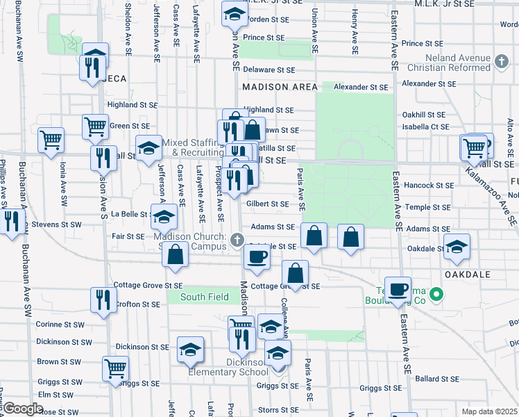 map of restaurants, bars, coffee shops, grocery stores, and more near 430 Gilbert St SE in Grand Rapids