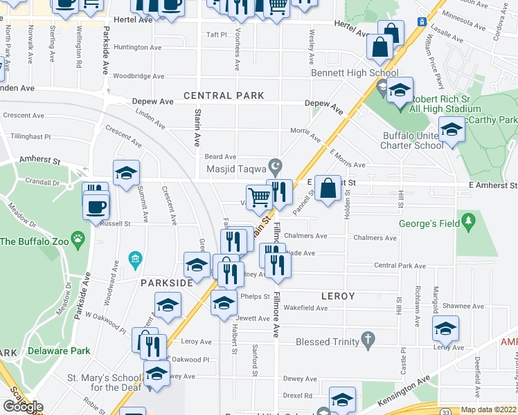 map of restaurants, bars, coffee shops, grocery stores, and more near 32 Vernon Place in Buffalo