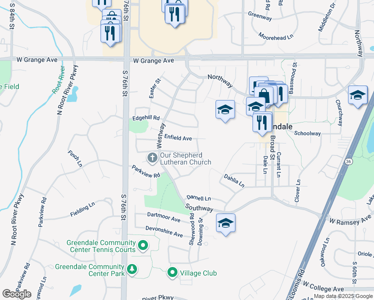map of restaurants, bars, coffee shops, grocery stores, and more near 7214 Elberton Avenue in Greendale