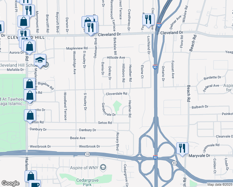 map of restaurants, bars, coffee shops, grocery stores, and more near 43 Cloverdale Road in Buffalo