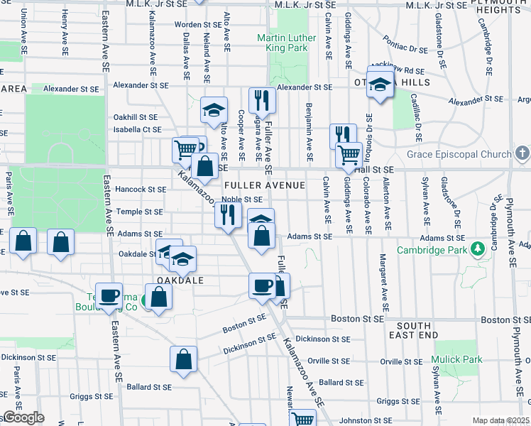 map of restaurants, bars, coffee shops, grocery stores, and more near 1321 Fuller Avenue Southeast in Grand Rapids
