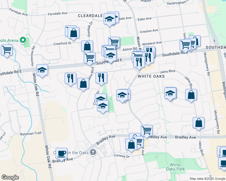 map of restaurants, bars, coffee shops, grocery stores, and more near 32 Elvira Crescent in London