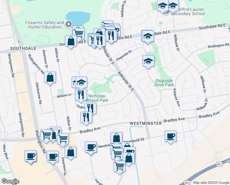 map of restaurants, bars, coffee shops, grocery stores, and more near 21 Kinburn Crescent in London