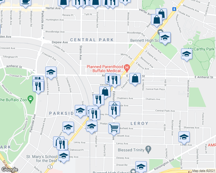 map of restaurants, bars, coffee shops, grocery stores, and more near 26-24 Vernon Place in Buffalo
