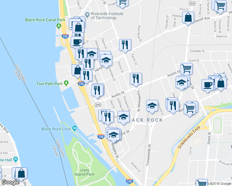 map of restaurants, bars, coffee shops, grocery stores, and more near 98 Austin Street in Buffalo