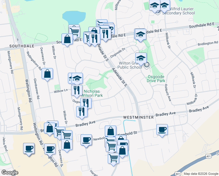 map of restaurants, bars, coffee shops, grocery stores, and more near 21 Kinburn Crescent in London