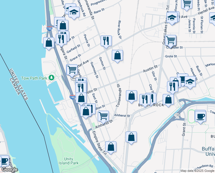 map of restaurants, bars, coffee shops, grocery stores, and more near 137 Austin Street in Buffalo