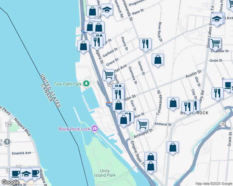 map of restaurants, bars, coffee shops, grocery stores, and more near 2019 Niagara Street in Buffalo