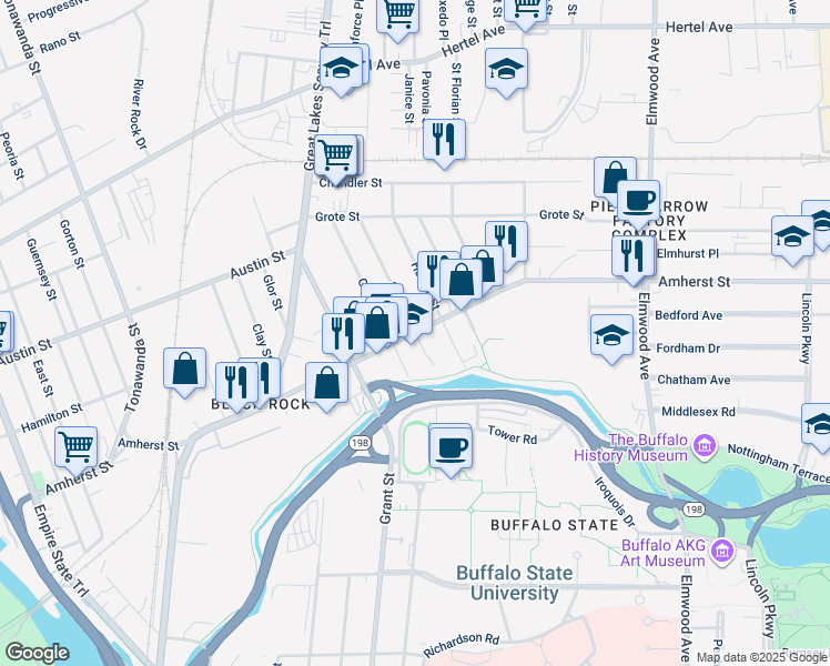 map of restaurants, bars, coffee shops, grocery stores, and more near Amherst Street & Peter Street in Buffalo