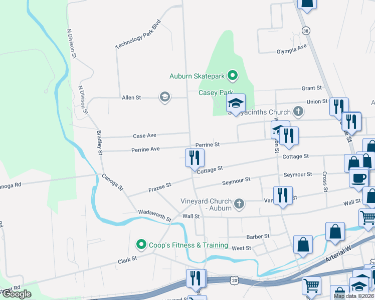 map of restaurants, bars, coffee shops, grocery stores, and more near 107 North Division Street in Auburn