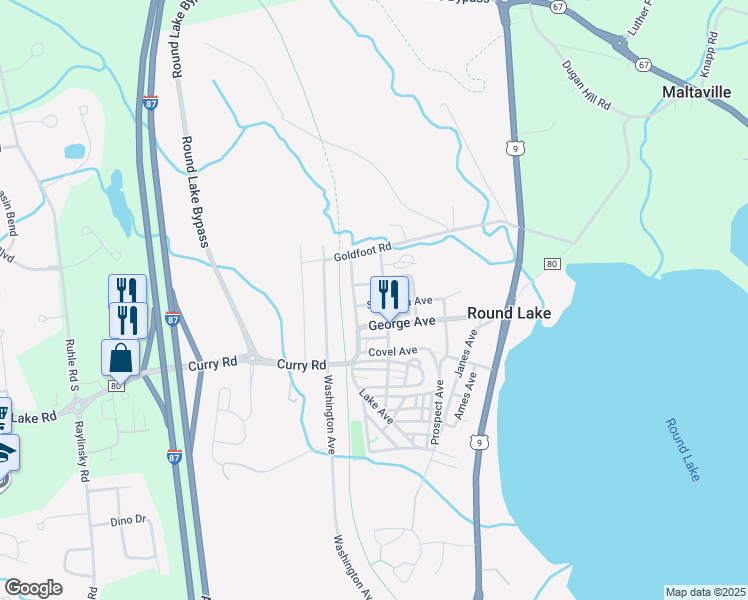 map of restaurants, bars, coffee shops, grocery stores, and more near 29 Saratoga Avenue in Round Lake