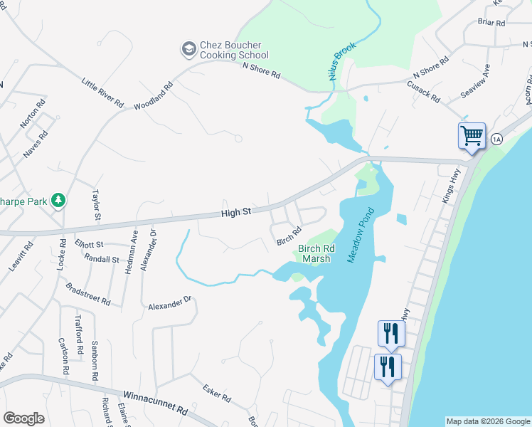 map of restaurants, bars, coffee shops, grocery stores, and more near 4 Birch Road in Hampton