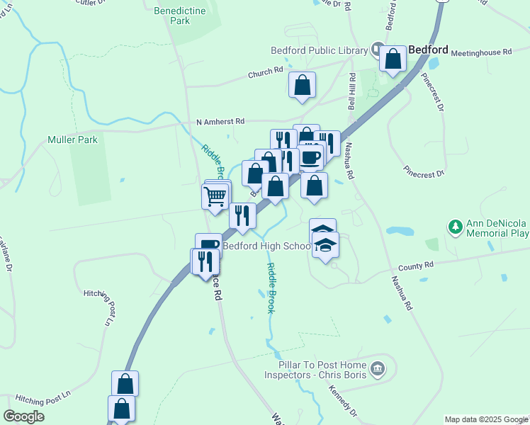 map of restaurants, bars, coffee shops, grocery stores, and more near 196 New Hampshire 101 in Bedford