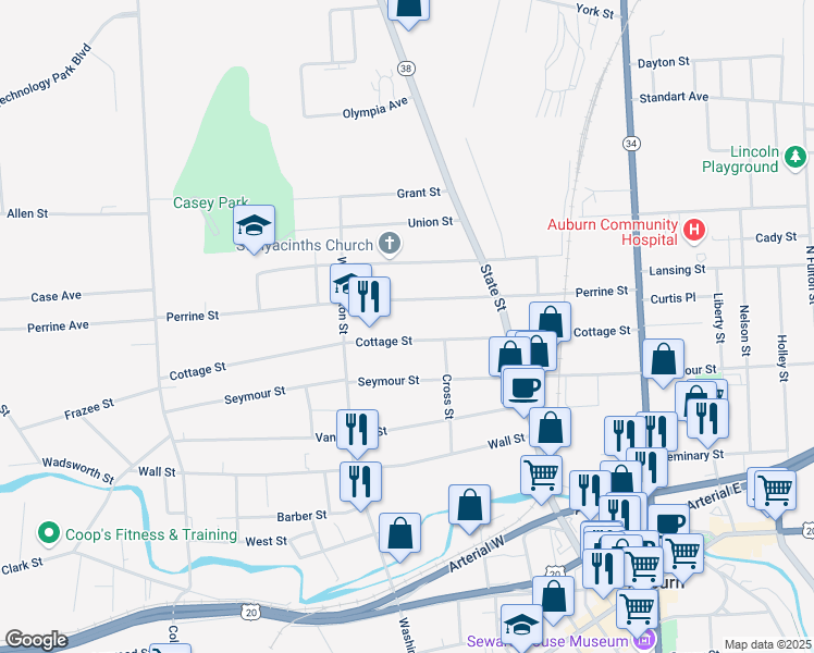 map of restaurants, bars, coffee shops, grocery stores, and more near 105 Cottage Street in Auburn
