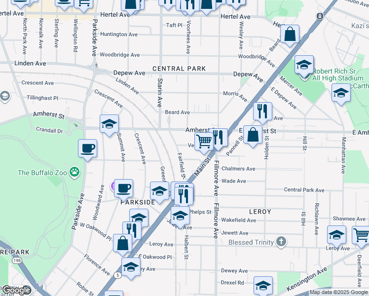 map of restaurants, bars, coffee shops, grocery stores, and more near 60 Vernon Place in Buffalo