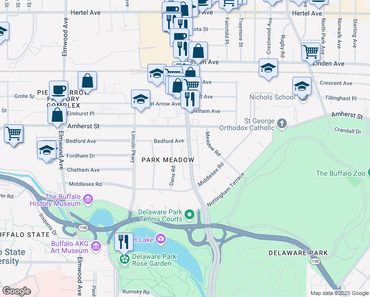 map of restaurants, bars, coffee shops, grocery stores, and more near 89 Dana Road in Buffalo