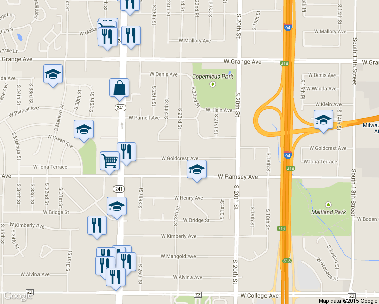 map of restaurants, bars, coffee shops, grocery stores, and more near 2260 West Goldcrest Avenue in Milwaukee
